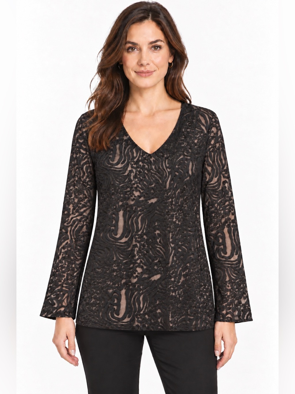 Dana Buchman Women Small Black Sheer Burnout V-Neck Long Sleeve Layered Top NWT